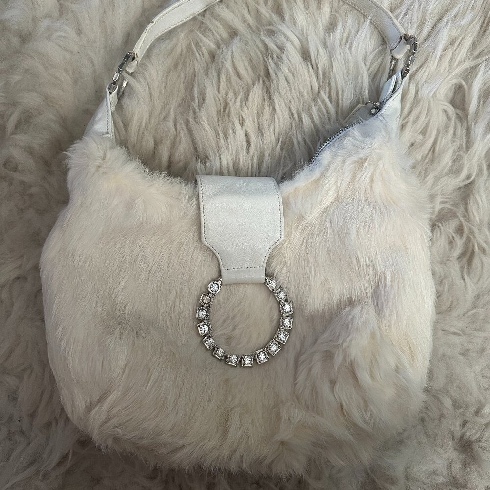 ISABELLA FIORE Cream Rabbit Fur Shoulder Hobo Bag